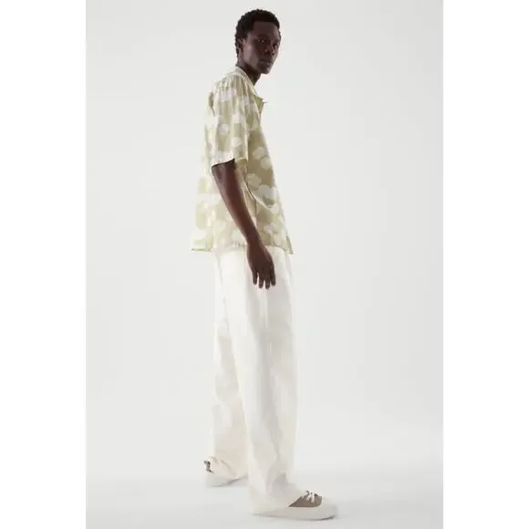 NWOT COS Shirt EU XL Relaxed-Fit Dot-Print Crinkle Pocket Button-Up Beige Cotton